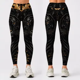 Black Tiger Face With Golden Florals For Luxe Night Out Festival Style Statement Leggings