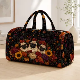 Cream Black Pug Trio With Autumn Florals On Black For Pet Lovers And Fall Travel Quilted Weekend Bag
