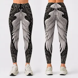 Mirrored Angel Raven Wings With Nordic Boho Knotwork For Festival Streetwear Women Leggings