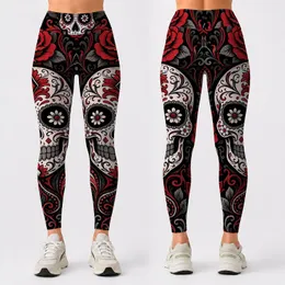 Gothic Halloween Sugar Skull With Red Roses For Yoga Fitness And Festival Style Look Leggings