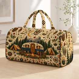 Vintage Camping Trailer Campfire Compass Mountain Road Trip Holiday Gift For Campers Quilted Weekend Bag