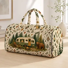 Vintage Camper Brown Bear Woodland Camping Scene For Cozy Holiday Travel Families Quilted Weekend Bag