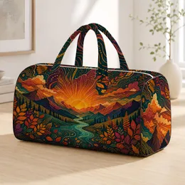 Radiant Mountain Sunrise Over Teal River Folk Art For Autumn Travel And Getaways Quilted Weekend Bag