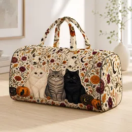 Three Fluffy Halloween Cats With Autumn Florals For Cozy Fall Travel Cat Lovers Gift Quilted Weekend Bag
