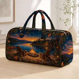 Lakeside Cabin Campfire With Adirondack Chairs For Rustic Getaways And Cozy Retreats Quilted Weekend Bag