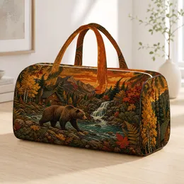 Vintage Brown Bear Cabin River Waterfall Forest Scene For Camping Hiking Travel Trips Quilted Weekend Bag