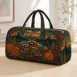 Boho Autumn Raccoon Family Mountain Lake Sunset For Camping Travel And Fall Getaways Quilted Weekend Bag