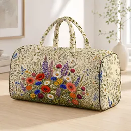 Wild Meadow Florals On Cream Rustic Boho Travel Style For Garden Lovers And Women Quilted Weekend Bag