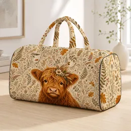 Rustic Highland Cow Calf With Autumn Florals Farmhouse Market Gift For Cow Lovers Quilted Weekend Bag