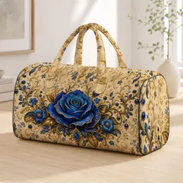Sapphire Blue Rose With Gold Filigree For Elegant Travel Style And Floral Lovers Quilted Weekend Bag