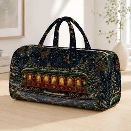 Vintage Holiday Train In Snowy Evergreen Forest At Twilight For Cozy Christmas Trips Quilted Weekend Bag