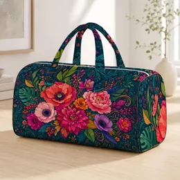 Maximalist Botanical Bouquet In Deep Teal For Travel, Gym Days, And Daily Errands Quilted Weekend Bag