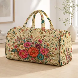 Ivory Garden Florals With Zinnias Peonies And Daisies For Picnic Travel Style Lovers Quilted Weekend Bag
