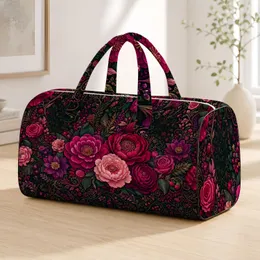 Magenta Roses Camellias Peonies On Dark Botanical Florals For Romantic Travel Style Quilted Weekend Bag
