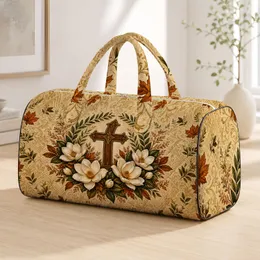 Vintage Cross With Magnolia Florals And Autumn Laurel For Faithful Southern Style Quilted Weekend Bag
