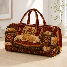 Sleeping Retriever Puppies In Autumn Folk Florals For Cozy Travel And Dog Lovers Quilted Weekend Bag
