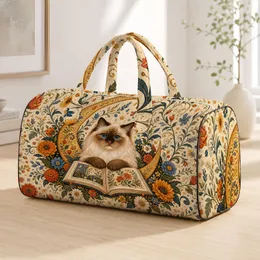 Cream Chocolate Reading Cat With Wildflowers Folk Art For Cozy Book Lover Getaways Quilted Weekend Bag