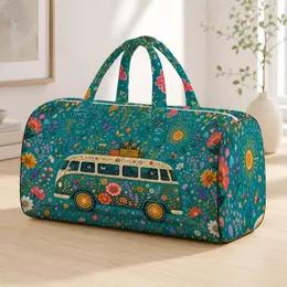 Vintage Camper Van With Wildflowers For Road Trip Getaways And Boho Travel Lovers Quilted Weekend Bag