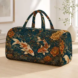 Japanese Koi Carp With Peonies And Teal Waves For Elegant Travel And Resort Style Quilted Weekend Bag