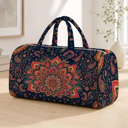 Midnight Navy Boho Mandala With Coral Lotus Paisley For Yoga Travel And Gym Getaways Quilted Weekend Bag