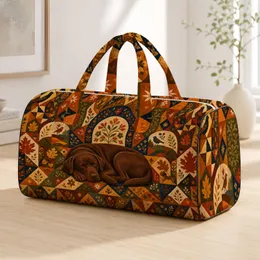 Sleeping Chocolate Labrador With Autumn Folk Patchwork For Cozy Fall Trips Dog Lovers Quilted Weekend Bag