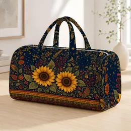Boho Autumn Sunflower Floral Navy Folk Art For Fall Travel And Harvest Vacation Style Quilted Weekend Bag