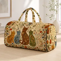 Five Folk Art Cats With Autumn Florals For Vintage Harvest Travel Style Women Cat Lovers Quilted Weekend Bag