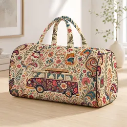 Vintage Camper Bus With Boho Florals For Retro Garden Travel And Romantic Getaways Quilted Weekend Bag
