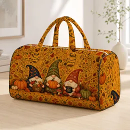 Nordic Autumn Harvest Gnomes With Pumpkin Coffee Folk Charm For Cozy Fall Getaways Quilted Weekend Bag