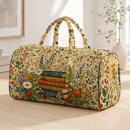 Vintage Books In Wildflower Meadow Cottagecore Botanical Travel Gift For Readers Quilted Weekend Bag