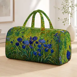 Blue Purple Iris Garden With Green Botanical Leaves For Travel Getaways And Floral Lovers Quilted Weekend Bag