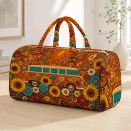 Retro Camper Bus With Sunflowers And Daisies For Road Trip Romance Flower Lovers Quilted Weekend Bag