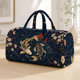 Ornamental Koi And Plum Blossoms With Indigo Waves For Elegant Asian Travel Style Quilted Weekend Bag
