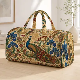 Regal Peacock With Blue Iris And Damask Vines For Luxe Travel Style And Bird Lovers Quilted Weekend Bag