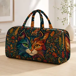 Retro Heterochromia Cat Face With Folk Art Vines For Autumn Travel Cat Lovers Women Quilted Weekend Bag