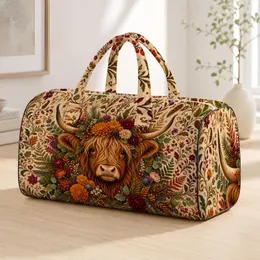 Highland Cow Floral Wreath Rustic Farmhouse Autumn Holiday Country Western Gift For Her Quilted Weekend Bag