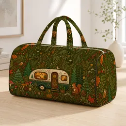 Whimsical Woodland Camper Cabin Folk Art For Cozy Forest Getaways And Autumn Travel Quilted Weekend Bag