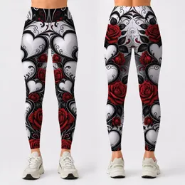 Black White Crimson Hearts Roses Scrollwork For Romantic Yoga And Everyday Style Leggings