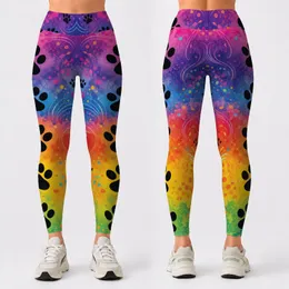 Black Cat Paw Rainbow Watercolor Animal Motif For Colorful Gym Workouts And Pet Lovers Leggings