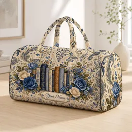 Blue Roses And Vintage Books Literary Botanical Boho Library Travel Gift For Readers Quilted Weekend Bag