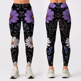 Lavender Daisy Wildflower Botanical Floral Black Aesthetic For Yoga Gym Everyday Style Leggings