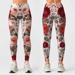 Wine Red Rose Garden Florals On Ivory For Romantic Everyday Boutique Style Women Leggings
