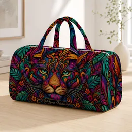 Rainbow Big Cat Stained Glass Folk Art For Colorful Travel Yoga Beach Escapes For Women Quilted Weekend Bag