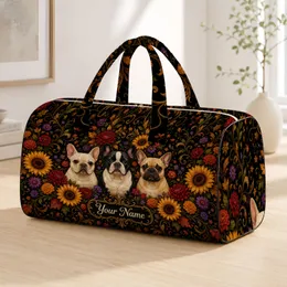 Black Botanical Three Dog Sunflower Floral Autumn Travel With Name Cartouche For Pet Moms Quilted Weekend Bag