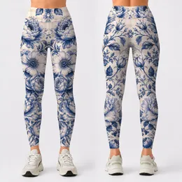 Indigo Botanical Toile Peony Florals For Cottagecore Yoga Studio And Weekend Style Leggings