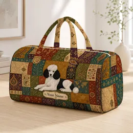Black And White Poodle Folk Mosaic Travel Style For Dog Lovers And Pet Mom Gift For Her Quilted Weekend Bag