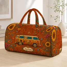 Retro Yellow Camper Bus With Sunflowers For Autumn Road Trips And Boho Travel Lovers Quilted Weekend Bag