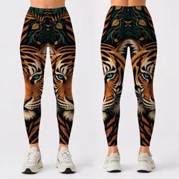 Symmetrical Tiger Face With Emerald Jungle Leaves For Bold Athletic Streetwear Style Leggings