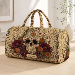 Ivory Sugar Skull With Burgundy Wildflowers For Autumn Travel And Día De Muertos Style Quilted Weekend Bag