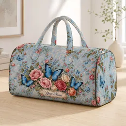 Vintage Blue Butterfly Roses Botanical Floral Travel Accessory For Her Getaways Gift Quilted Weekend Bag